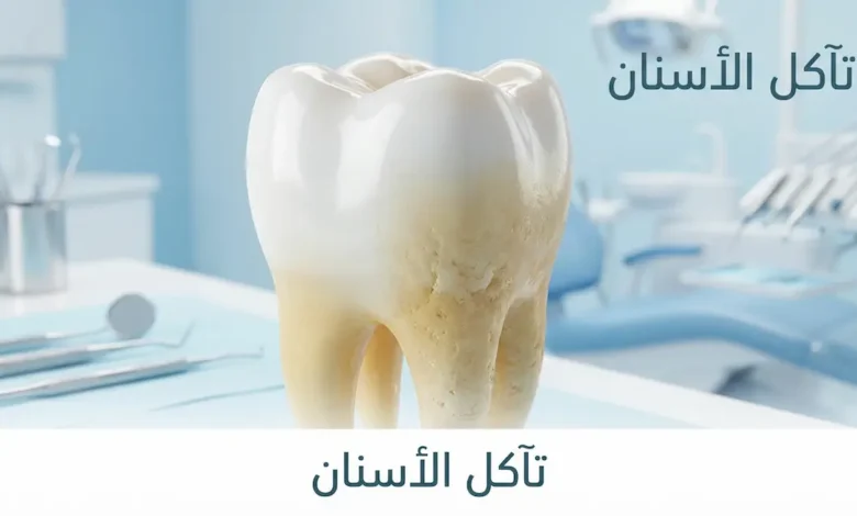صورة غلاف تُظهر سناً بشرياً يوضح الفرق بين المينا السليمة اللامعة والمينا المتآكلة المصفرة مع كلمة تآكل الأسنان