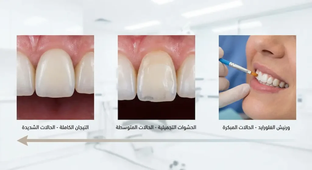  ثلاثة خيارات علاجية لتآكل الأسنان: ورنيش الفلورايد والحشوات التجميلية والتيجان الكاملة