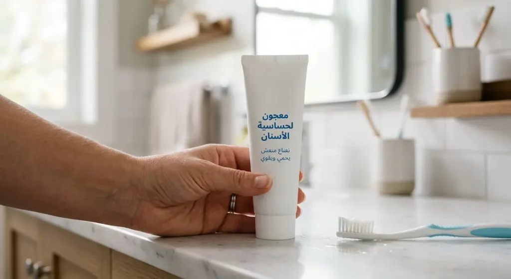  يد تمسك أنبوب معجون أسنان مخصص لحساسية الأسنان مع فرشاة ناعمة في حمام نظيف