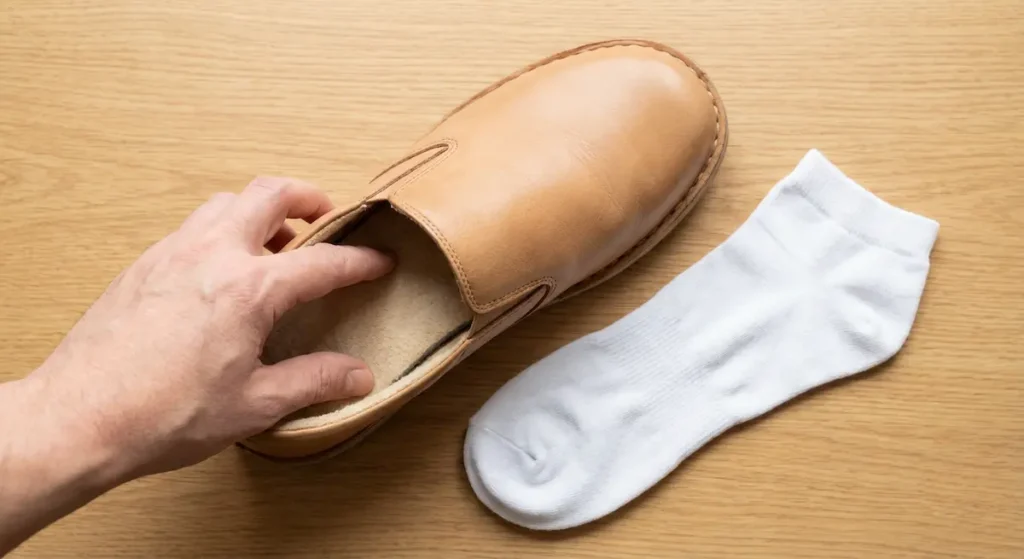 حذاء طبي بمقدمة واسعة وجورب طبي بدون درزات مع يد تتحسس داخل الحذاء للتأكد من خلوه من الأجسام الغريبة