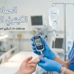 غلاف مقالة الحماض الكيتوني السكري يظهر يد طبيبة تحمل جهاز قياس السكر مع محلول وريدي في الخلفية