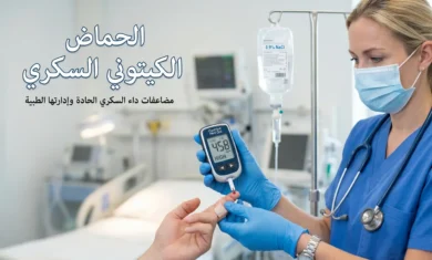غلاف مقالة الحماض الكيتوني السكري يظهر يد طبيبة تحمل جهاز قياس السكر مع محلول وريدي في الخلفية