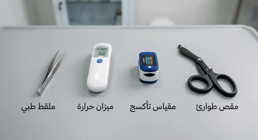 أربع أدوات تشخيصية أساسية تشمل مقص الطوارئ ومقياس تأكسج النبض وميزان الحرارة الرقمي والملقط الطبي