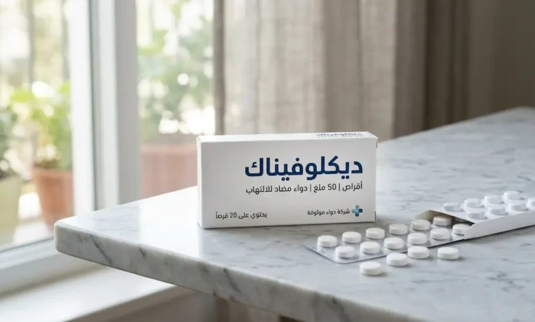 علبة دواء ديكلوفيناك مع أقراص بيضاء مرتبة على سطح رخامي في إضاءة طبيعية ناعمة