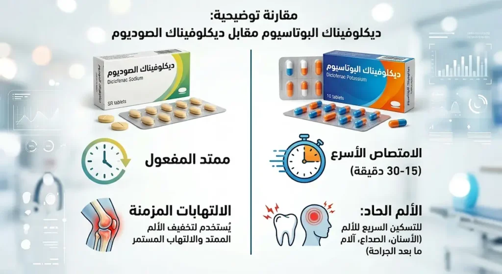  مقارنة بصرية بين ديكلوفيناك البوتاسيوم سريع المفعول وديكلوفيناك الصوديوم ممتد المفعول مع توضيح استخدامات كل نوع