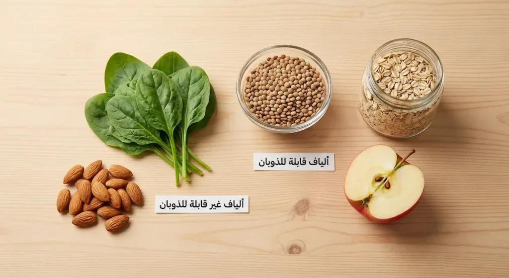 تشكيلة من مصادر الألياف الغذائية تشمل الشوفان والتفاح والعدس والسبانخ واللوز مع توضيح نوعي الألياف