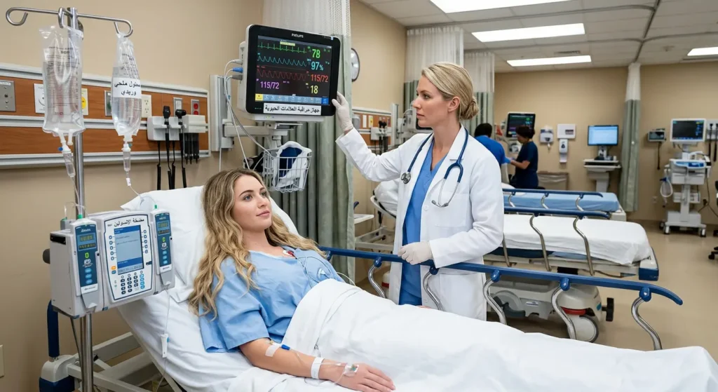 مريضة في غرفة العناية المركزة تتلقى علاج الحماض الكيتوني بالسوائل الوريدية والإنسولين تحت مراقبة طبية