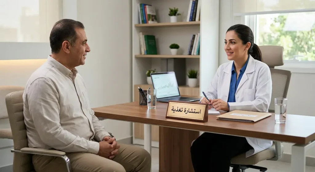 طبيب يُقدّم استشارة تغذية لمريض في عيادة مُرتَّبة للتأكيد على ضرورة مراجعة الطبيب قبل اتباع حمية داش خاصة لمرضى الكلى ومتناولي أدوية الضغط