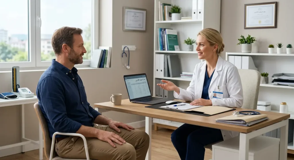 طبيبة تتحدث مع مريض في عيادة حديثة أثناء جلسة استشارة طبية