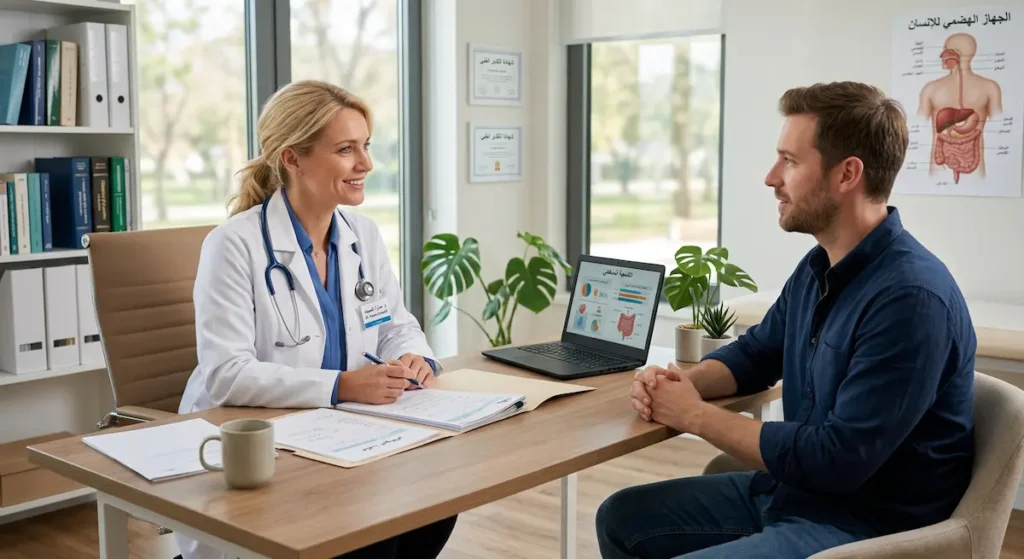 طبيبة تستمع لمريض خلال استشارة طبية في عيادة حديثة