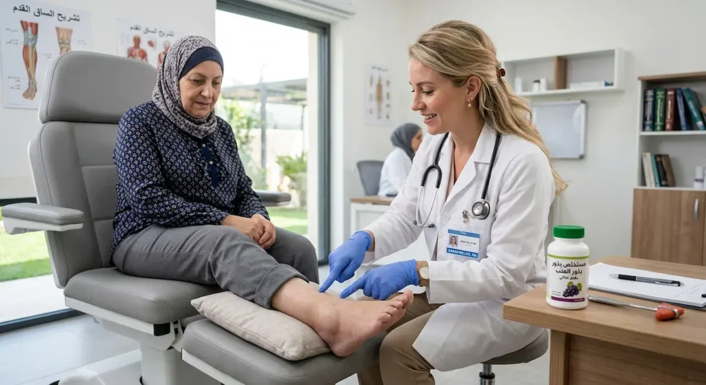 طبيبة تفحص ساق مريضة تعاني من تورم في عيادة طبية حديثة