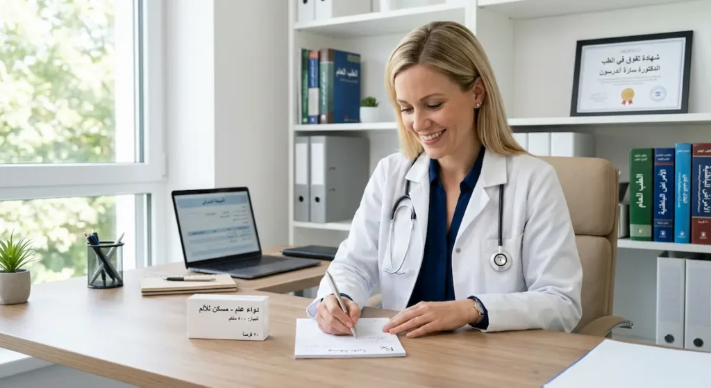 طبيبة تكتب وصفة طبية لعلاج سرعة القذف في عيادة طبية عصرية