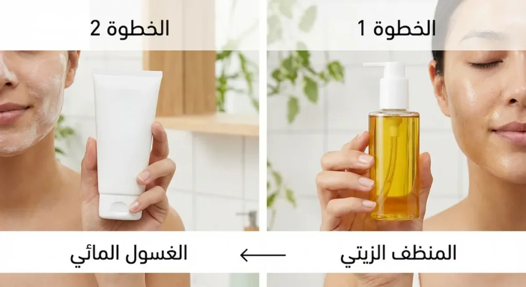  صورة توضيحية تعرض خطوتي التنظيف المزدوج بالترتيب من المنظف الزيتي إلى الغسول المائي