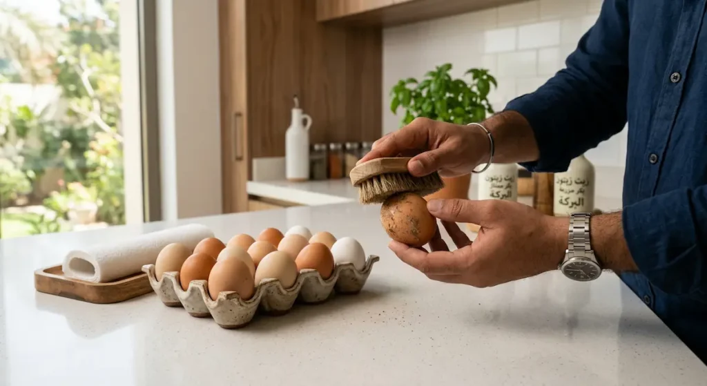  يد تُنظّف بيضة بفرشاة جافة على سطح مطبخ نظيف بدون استخدام ماء