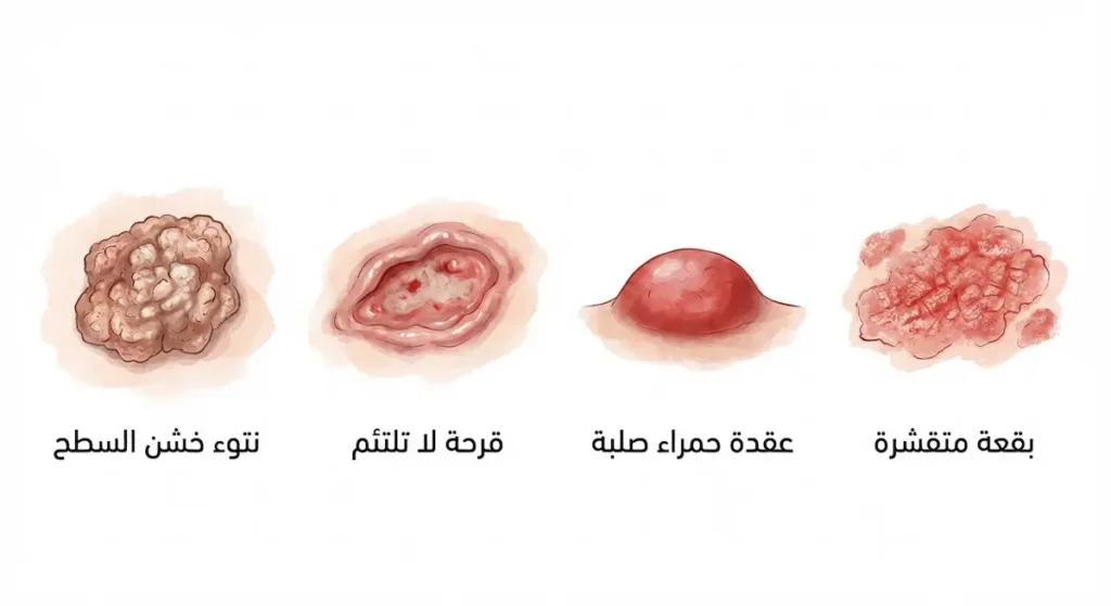 رسم توضيحي يُظهر أربعة أشكال مختلفة للعلامات المبكرة لسرطان الخلايا الحرشوفية على الجلد