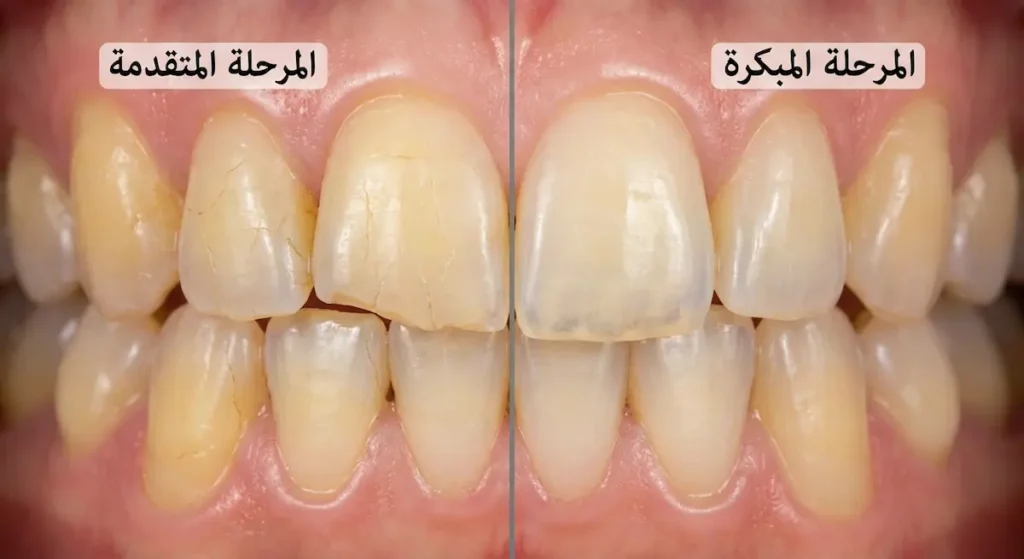 مقارنة بين أعراض تآكل الأسنان في المرحلة المبكرة والمرحلة المتقدمة