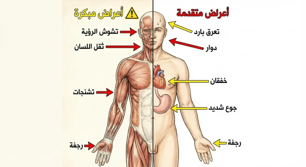 رسم توضيحي لجسم إنسان يوضح أعراض هبوط السكر المبكرة كالتعرق والرجفة والخفقان في الجانب الأيمن والأعراض المتقدمة كتشوش الرؤية والتشنجات في الجانب الأيسر