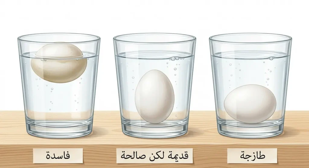  ثلاثة أكواب ماء تُظهر اختبار صلاحية البيض: بيضة طازجة غارقة، بيضة قديمة واقفة، بيضة فاسدة طافية
