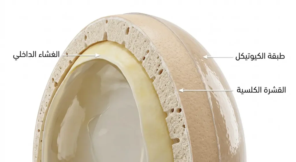 مقطع عرضي توضيحي لقشرة البيض يُظهر طبقة الكيوتيكل والقشرة الكلسية والغشاء الداخلي والمسام المجهرية