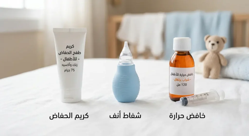 مستلزمات طوارئ مخصصة للأطفال تشمل خافض الحرارة مع سرنجة الجرعات وشفاط الأنف وكريم طفح الحفاض