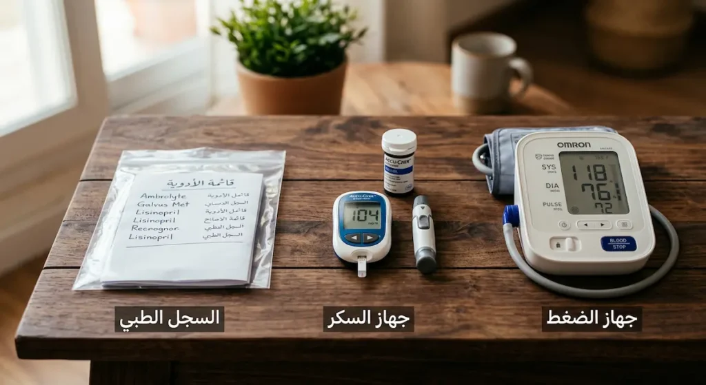 مستلزمات طبية مخصصة لكبار السن تشمل جهاز قياس ضغط الدم وجهاز قياس السكر وقائمة الأدوية المكتوبة