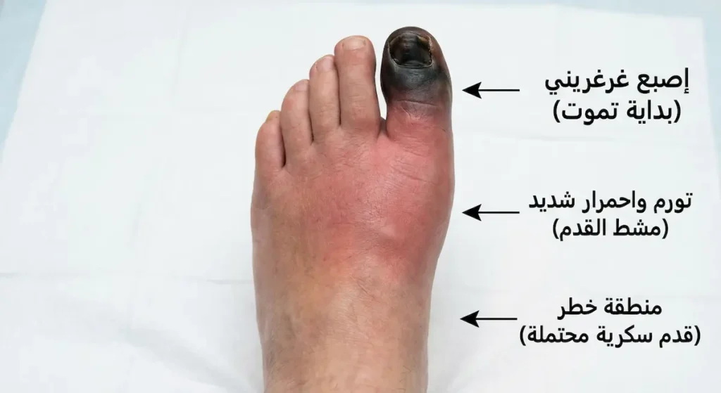 قدم مريض سكري تظهر عليها علامات طوارئ تشمل تحول لون إصبع إلى الأسود واحمرار وتورم منتشر