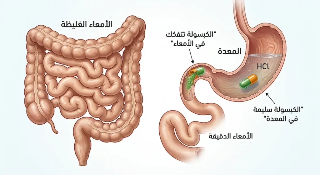 رسم توضيحي يوضح مسار الكبسولة المغلفة معوياً من المعدة حيث تبقى سليمة إلى الأمعاء حيث تتفكك وتطلق محتواها