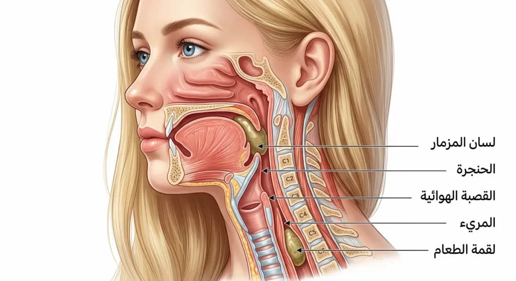 مقطع تشريحي جانبي يُظهر آلية البلع الطبيعي مع انغلاق لسان المزمار فوق الحنجرة لحماية القصبة الهوائية ومرور الطعام عبر المريء بسلام