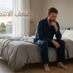 رجل يجلس على حافة سرير في غرفة نوم هادئة يبدو عليه التأمل مع عبارة ضعف الانتصاب