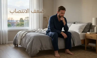رجل يجلس على حافة سرير في غرفة نوم هادئة يبدو عليه التأمل مع عبارة ضعف الانتصاب