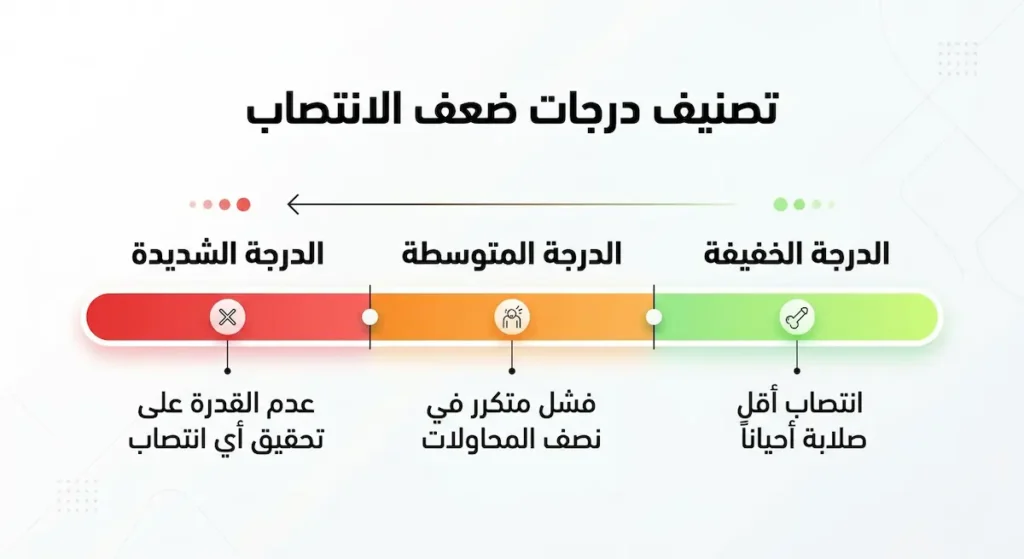 مقياس متدرج يوضح درجات ضعف الانتصاب الثلاث من الخفيفة إلى المتوسطة إلى الشديدة