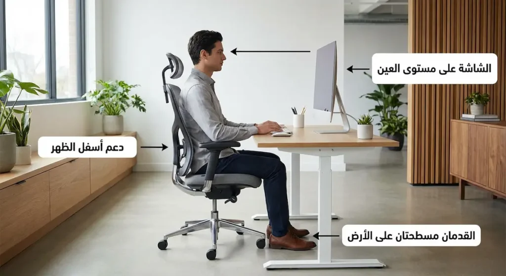  بيئة عمل مكتبية صحية تُظهر الوضعية الصحيحة للجلوس مع شاشة على مستوى العين ودعم لأسفل الظهر