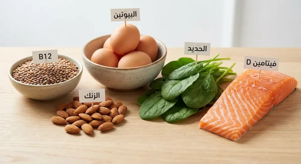 تشكيلة أطعمة صحية غنية بالحديد وفيتامين D والزنك والبيوتين الضرورية لصحة الشعر