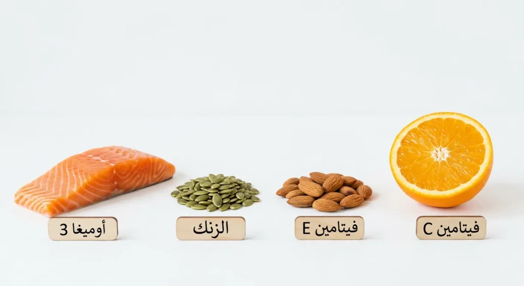صورة تُظهر مصادر غذائية لأهم العناصر للبشرة وهي فيتامين C وفيتامين E والزنك وأوميغا 3