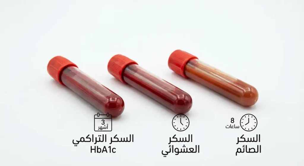 ثلاثة أنابيب اختبار دم توضح الفرق بين تحليل السكر الصائم والسكر العشوائي والسكر التراكمي HbA1c من حيث الفترة الزمنية التي يقيسها كل منها