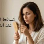 امرأة عربية تمسك فرشاة شعر وتنظر بقلق إلى الشعر المتساقط عليها مع عنوان تساقط الشعر عند النساء