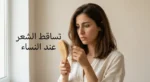 امرأة عربية تمسك فرشاة شعر وتنظر بقلق إلى الشعر المتساقط عليها مع عنوان تساقط الشعر عند النساء