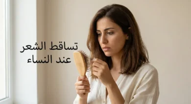 امرأة عربية تمسك فرشاة شعر وتنظر بقلق إلى الشعر المتساقط عليها مع عنوان تساقط الشعر عند النساء