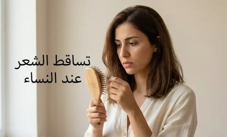 امرأة عربية تمسك فرشاة شعر وتنظر بقلق إلى الشعر المتساقط عليها مع عنوان تساقط الشعر عند النساء
