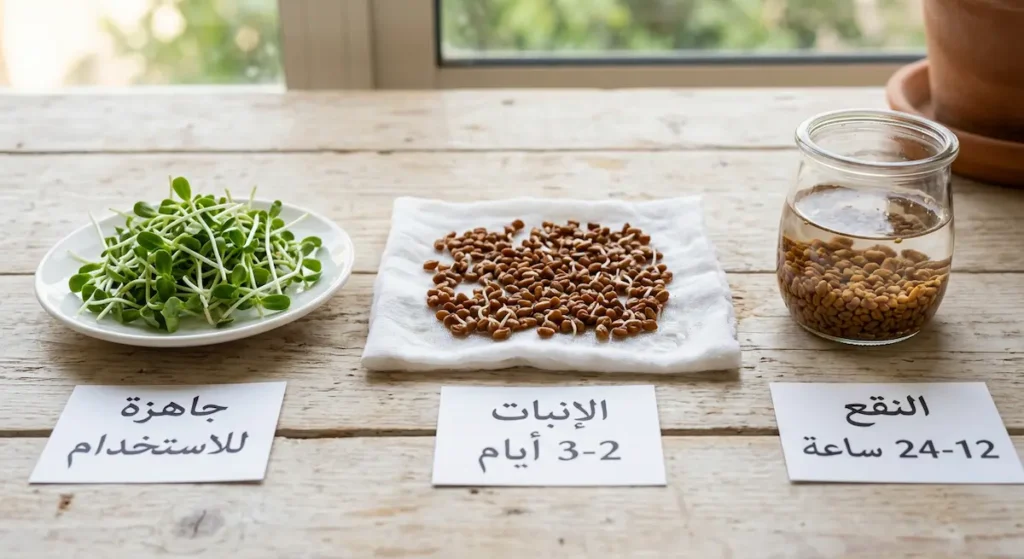 ثلاث مراحل لإنبات بذور الحلبة من اليمين إلى اليسار تبدأ بالنقع في الماء ثم الإنبات على قماش مبلل وتنتهي ببراعم خضراء جاهزة للاستخدام