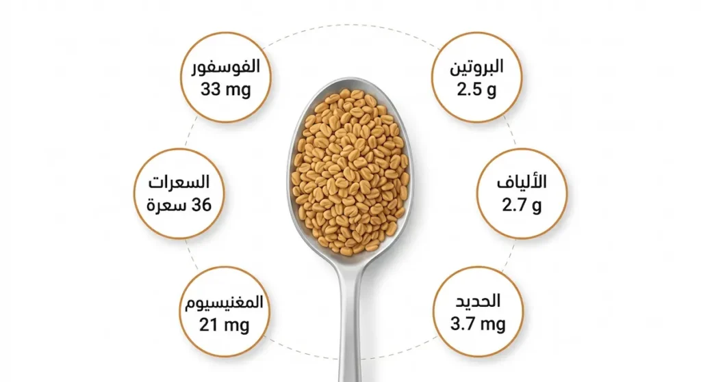 إنفوغرافيك يوضح القيمة الغذائية لملعقة طعام واحدة من بذور الحلبة تشمل البروتين والألياف والحديد والمغنيسيوم والفوسفور والسعرات الحرارية