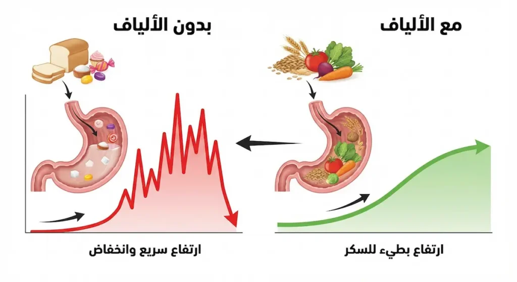 رسم توضيحي يقارن بين تأثير الأطعمة الغنية بالألياف والأطعمة المكررة على مستوى السكر في الدم