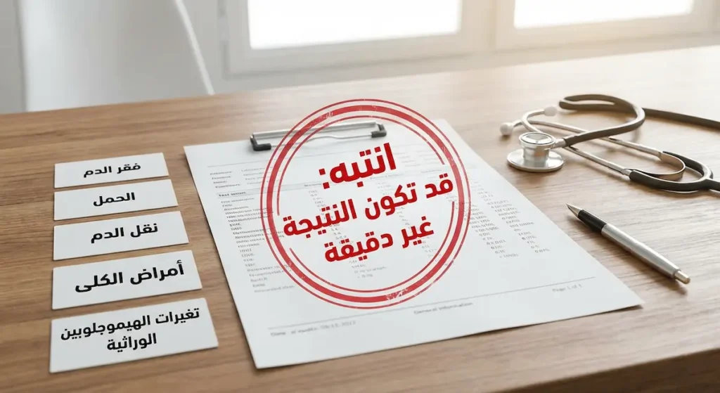 ورقة نتيجة تحليل مخبري عليها ختم تنبيه وبجانبها خمس بطاقات مكتوب عليها فقر الدم والحمل ونقل الدم وأمراض الكلى وتغيرات الهيموجلوبين الوراثية