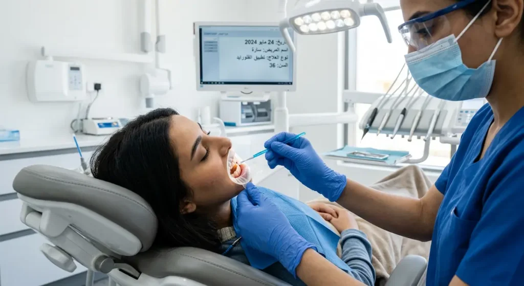 طبيب أسنان يطبق طلاء الفلورايد المركز على أسنان مريض في عيادة حديثة لعلاج الحساسية