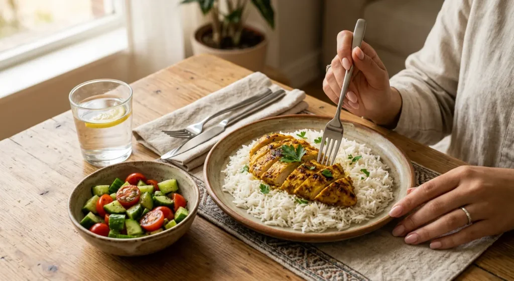وجبة غداء عربية صحية منخفضة الفودماب تتكون من أرز ودجاج مشوي وسلطة خضراء