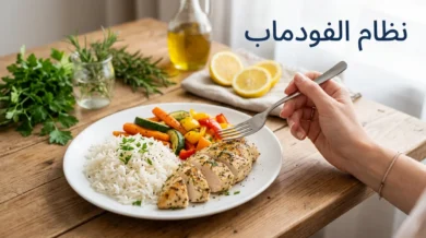غلاف مقال نظام الفودماب يظهر طبق طعام صحي منخفض الفودماب مع نص عربي واضح