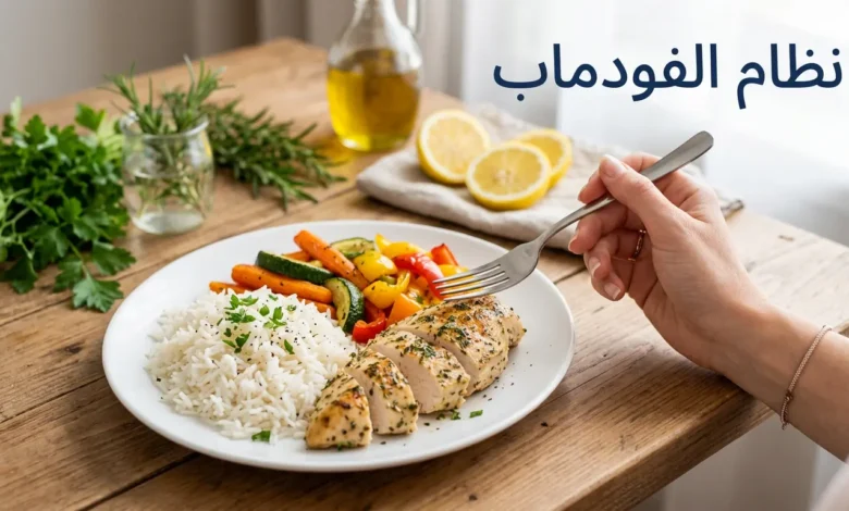 غلاف مقال نظام الفودماب يظهر طبق طعام صحي منخفض الفودماب مع نص عربي واضح