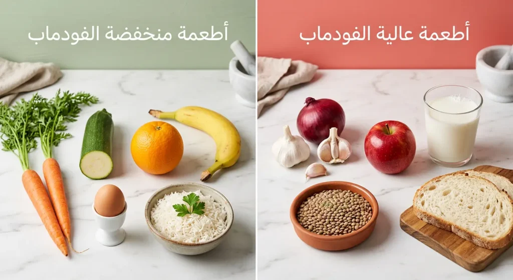  مقارنة بصرية بين الأطعمة عالية الفودماب الممنوعة والأطعمة منخفضة الفودماب المسموحة