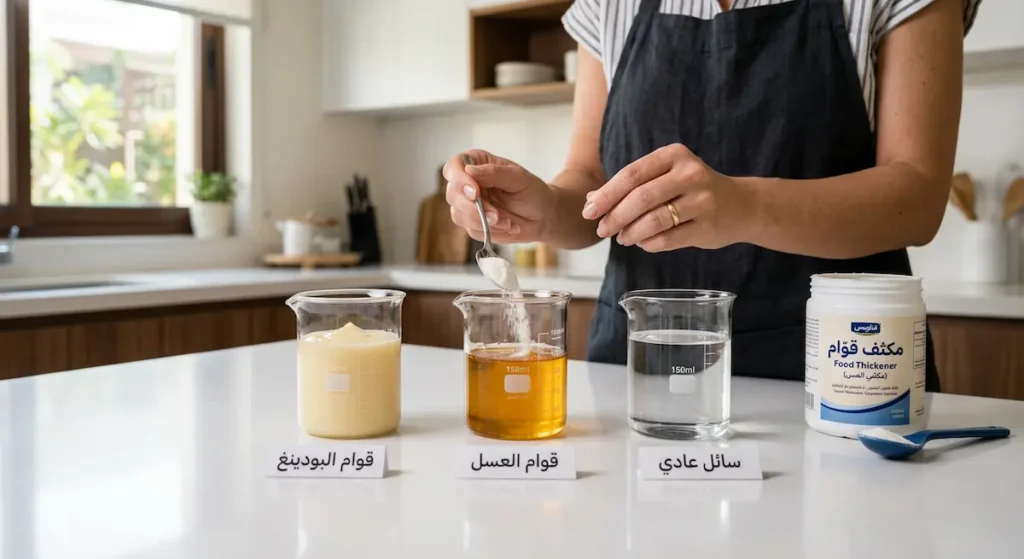 ثلاثة أكواب تحتوي سوائل بدرجات قوام مختلفة من السائل العادي إلى قوام العسل ثم البودينغ مع علبة مكثف غذائي للوقاية من الاستنشاق