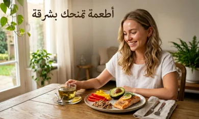 امرأة ذات بشرة نضرة ومشرقة تجلس أمام طاولة تحتوي على أطعمة صحية للبشرة مثل السلمون والأفوكادو والفلفل الملون والجوز والشاي الأخضر